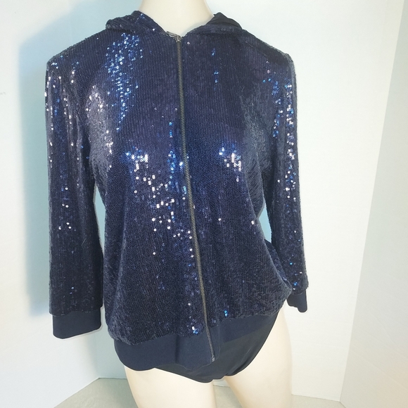 Chico's Tops - Chicos Zenergy Navy Blue Sequined Hoodie Jacket size 0